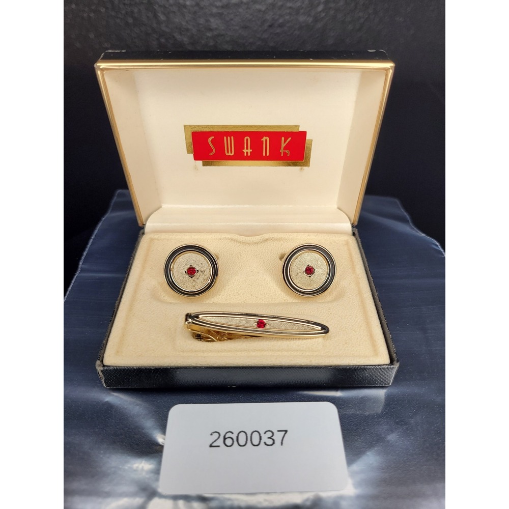 Swank Cufflink Tie Clip Set Gold Tone Red Stone Black Enamel Textured Boxed Set